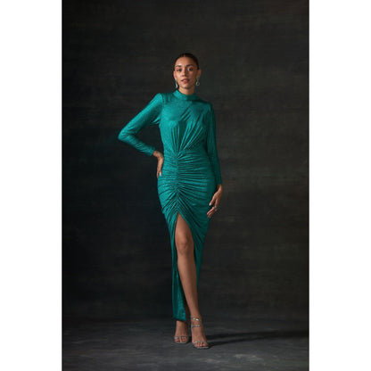 House of Exotique Green Long Swarovski Drape Dress with A Side Slit