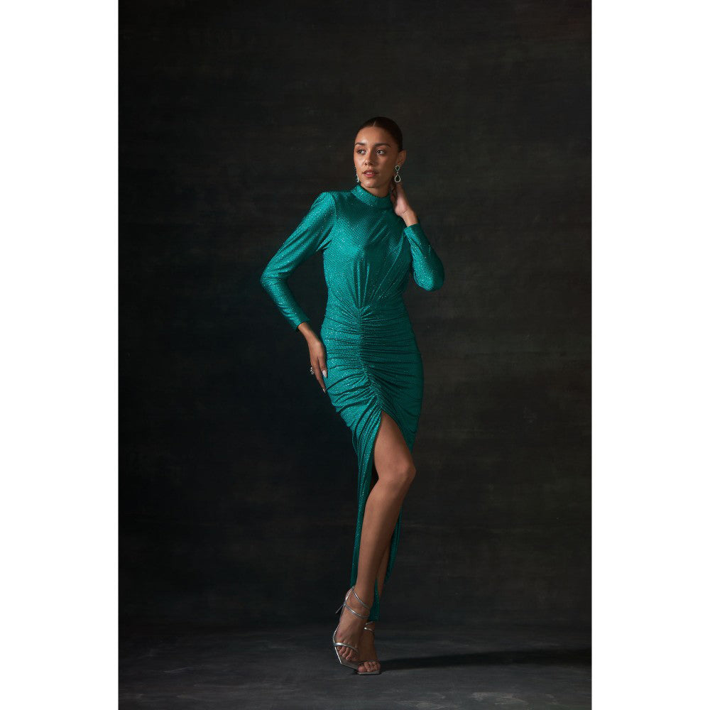 House of Exotique Green Long Swarovski Drape Dress with A Side Slit