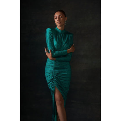 House of Exotique Green Long Swarovski Drape Dress with A Side Slit