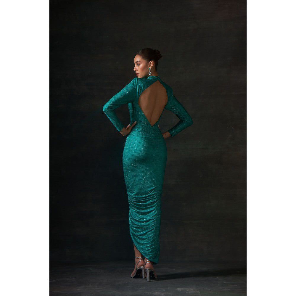 House of Exotique Green Long Swarovski Drape Dress with A Side Slit