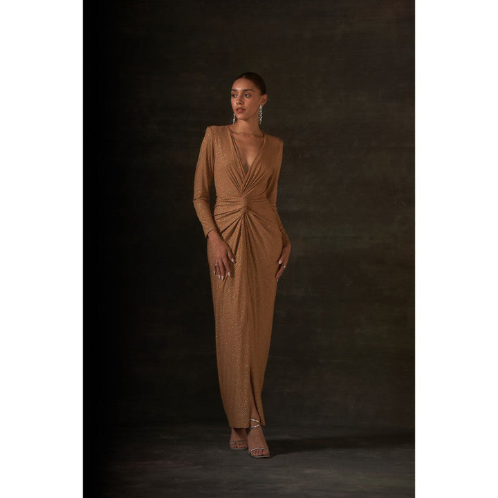House of Exotique Golden Long Gown with A Drape and Center Slit