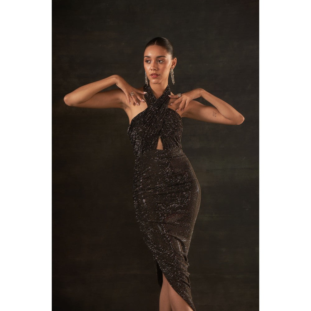 House of Exotique Peuter Swarovski Halter Neck Drape Dress