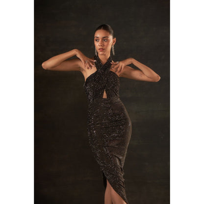 House of Exotique Peuter Swarovski Halter Neck Drape Dress