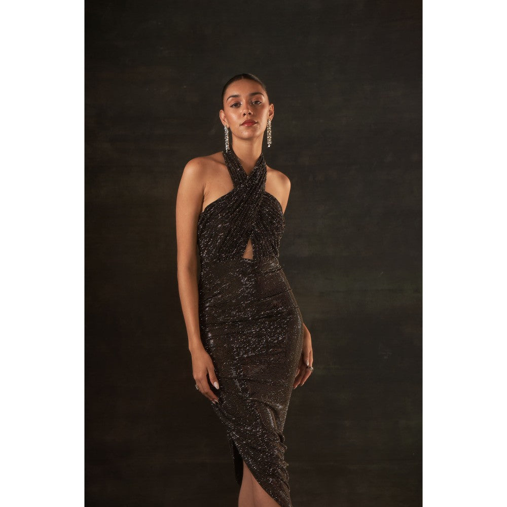 House of Exotique Peuter Swarovski Halter Neck Drape Dress