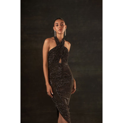 House of Exotique Peuter Swarovski Halter Neck Drape Dress
