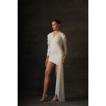 House of Exotique Ivory Swarovski Bodycon Drape Dress