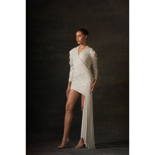 House of Exotique Ivory Swarovski Bodycon Drape Dress