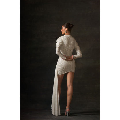 House of Exotique Ivory Swarovski Bodycon Drape Dress