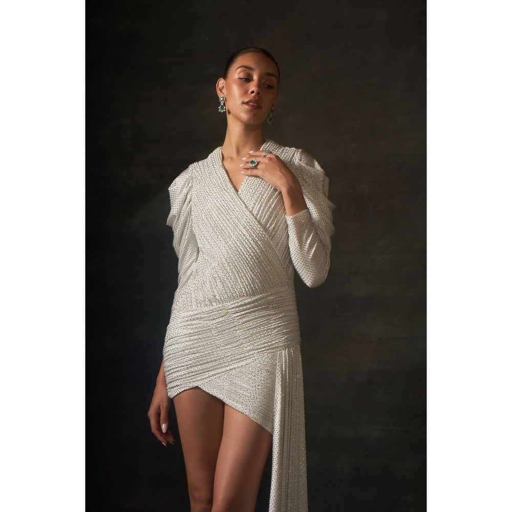 House of Exotique Ivory Swarovski Bodycon Drape Dress