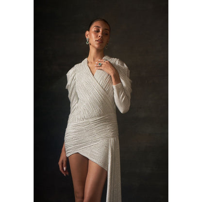 House of Exotique Ivory Swarovski Bodycon Drape Dress