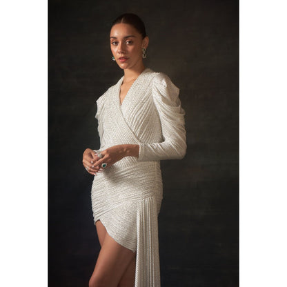 House of Exotique Ivory Swarovski Bodycon Drape Dress