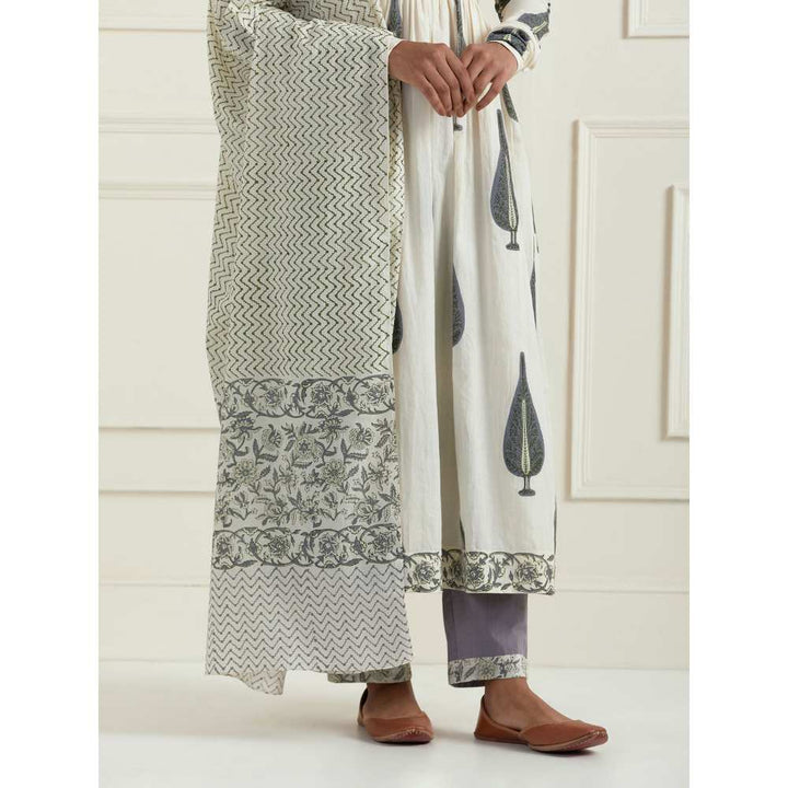 Ikshita Choudhary Grey Cotton Block Printed Kurta with Pants & Dupatta (Set of 3)