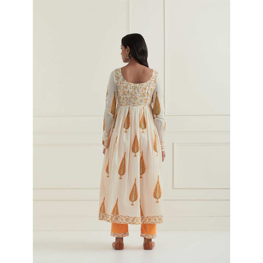 Ikshita Choudhary Orange Cotton Block Printed Kurta with Pants (Set of 2)