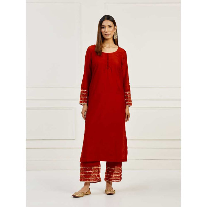 Ikshita Choudhary Red Sequined Cotton Kurta with White Cotton Pant (Set of 2)