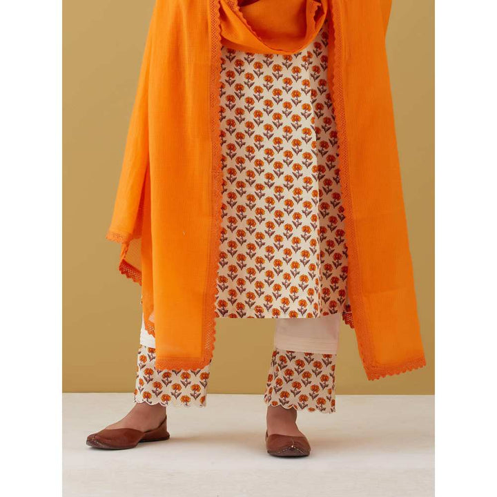 Ikshita Choudhary Orange Block Printed Kurta with Pants & Dupatta (Set of 3)
