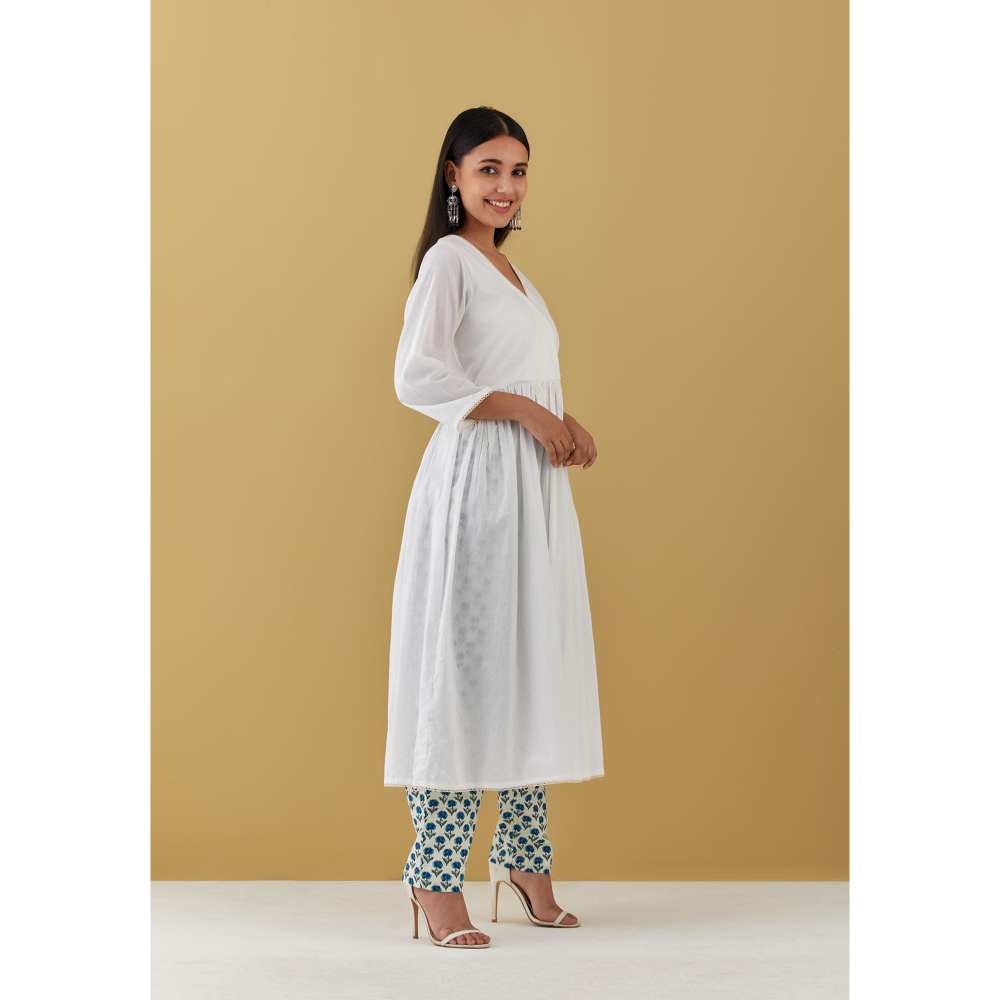 Ikshita Choudhary White Angarkha with Blue Block Printed Pants (Set of 2)