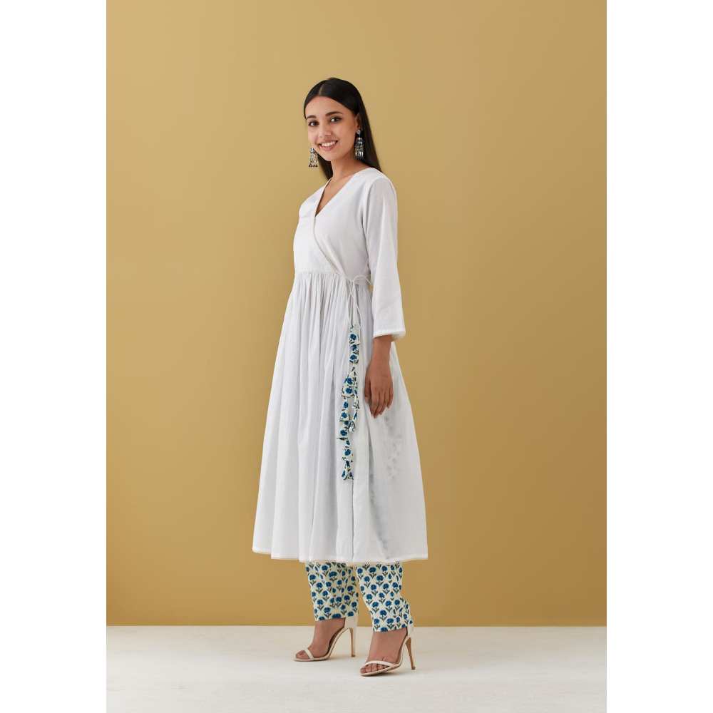 Ikshita Choudhary White Angarkha with Blue Block Printed Pants (Set of 2)