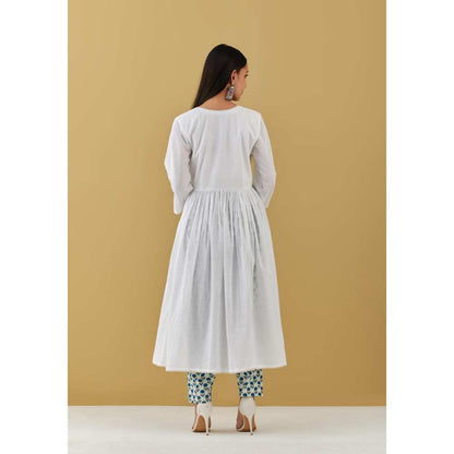Ikshita Choudhary White Angarkha with Blue Block Printed Pants (Set of 2)