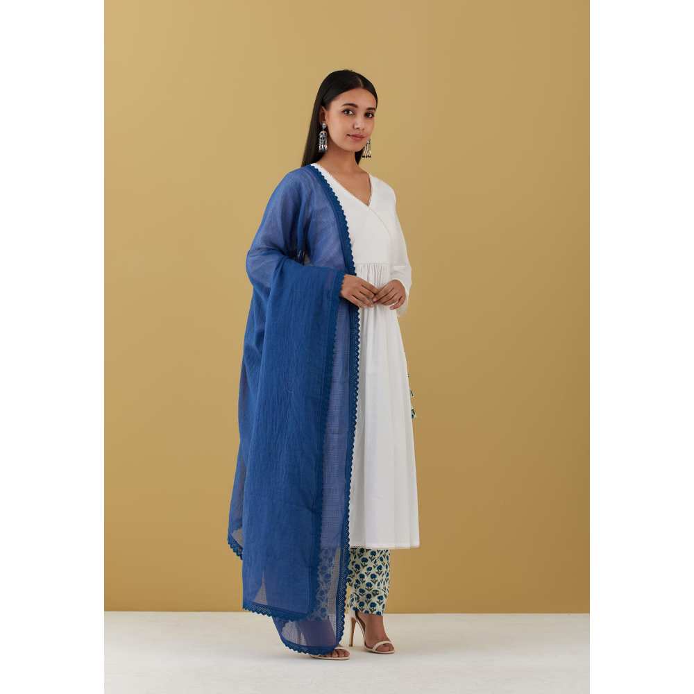 Ikshita Choudhary White Angarkha with Blue Block Printed Pants & Dupatta (Set of 3)
