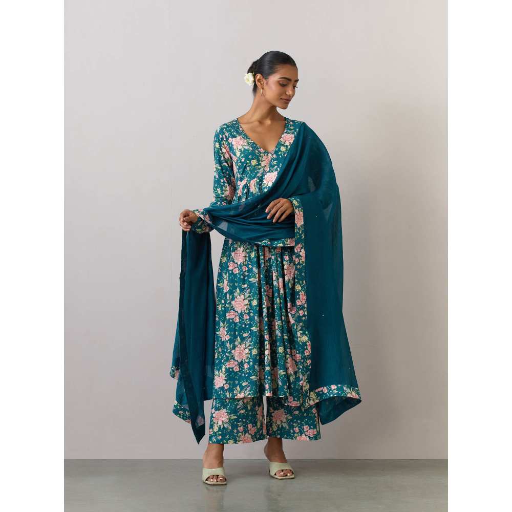 Ikshita Choudhary Green Cotton Printed Kurta With Pants And Dupatta (Set of 3)