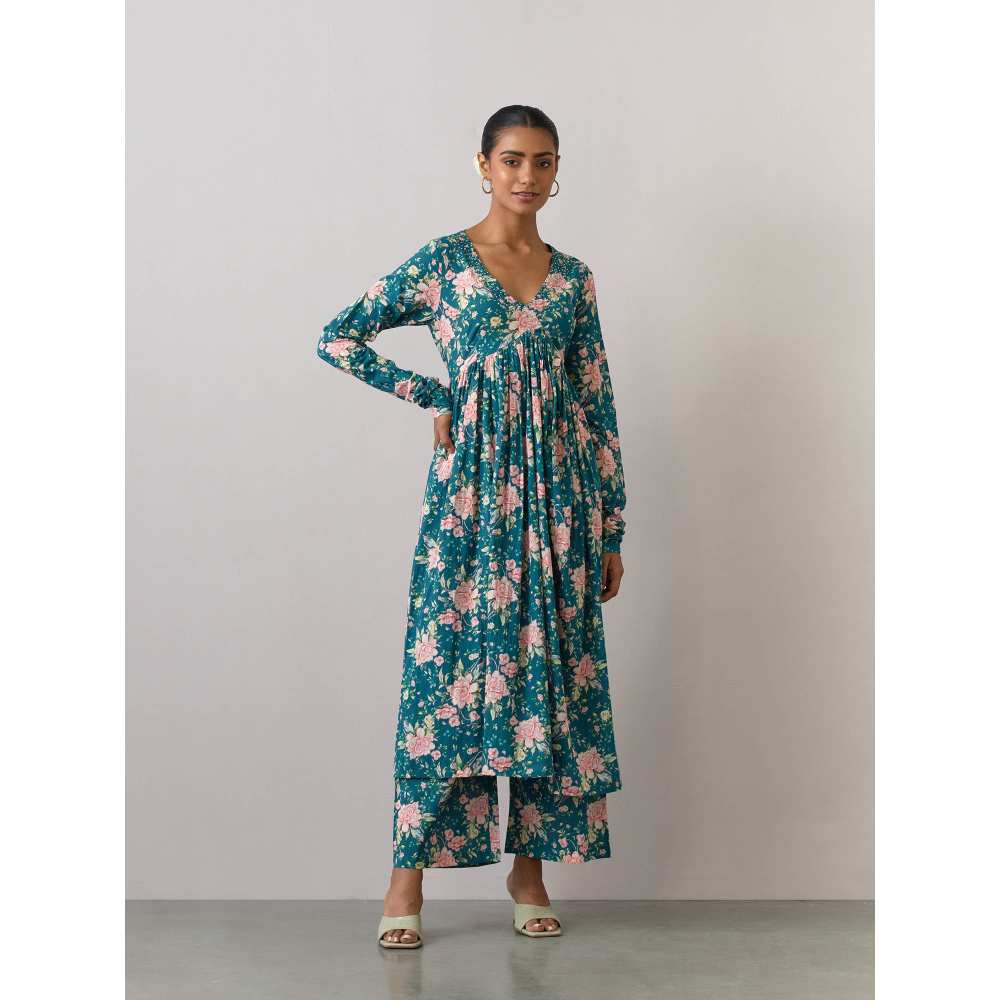 Ikshita Choudhary Green Cotton Printed Kurta With Pants (Set of 2)