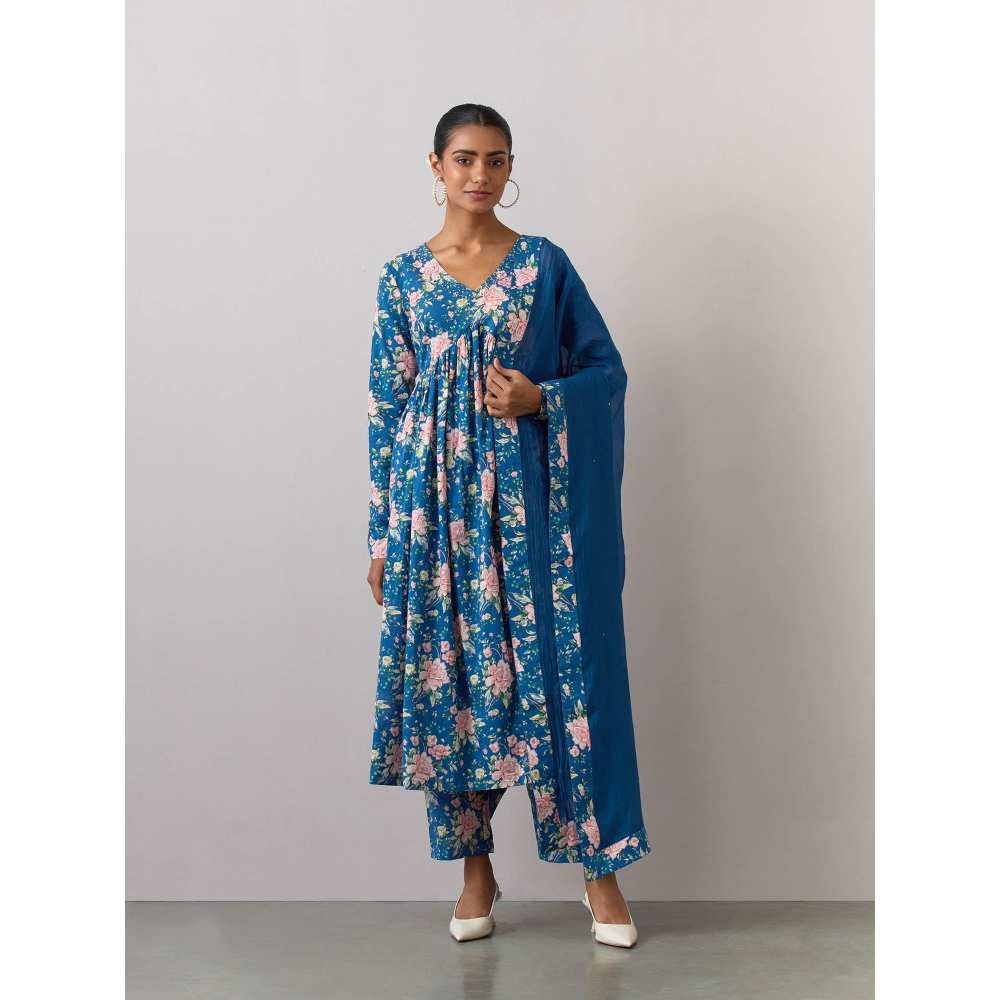 Ikshita Choudhary Blue Cotton Printed Kurta With Pants And Dupatta (Set of 3)