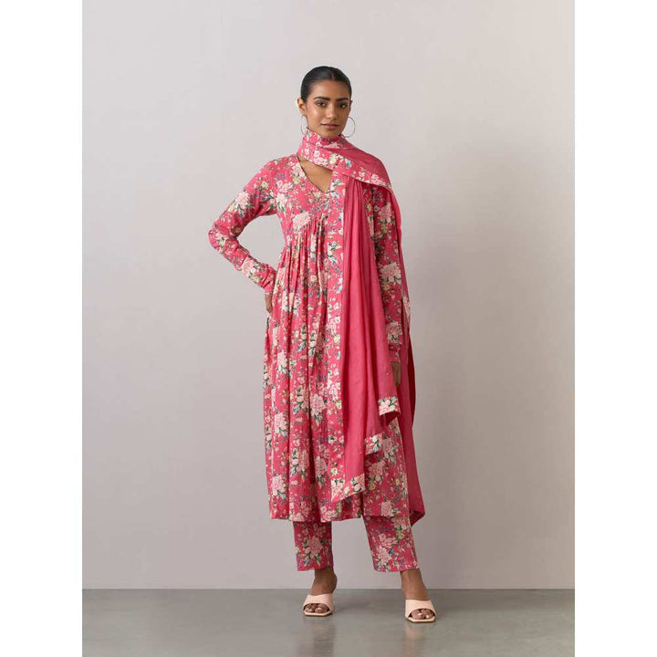 Ikshita Choudhary Pink Cotton Printed Kurta With Pants And Dupatta (Set of 3)