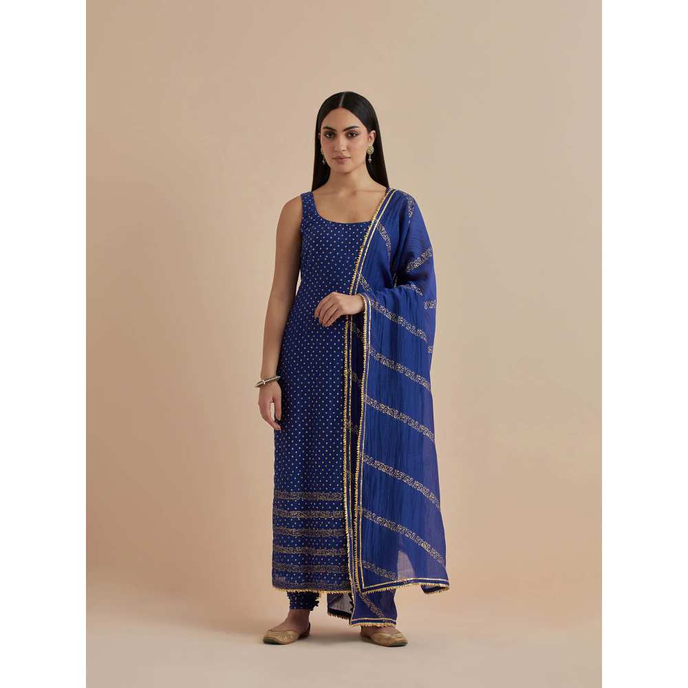 Ikshita Choudhary Blue Printed Chanderi Kurta With Churidar And Dupatta (Set of 3)