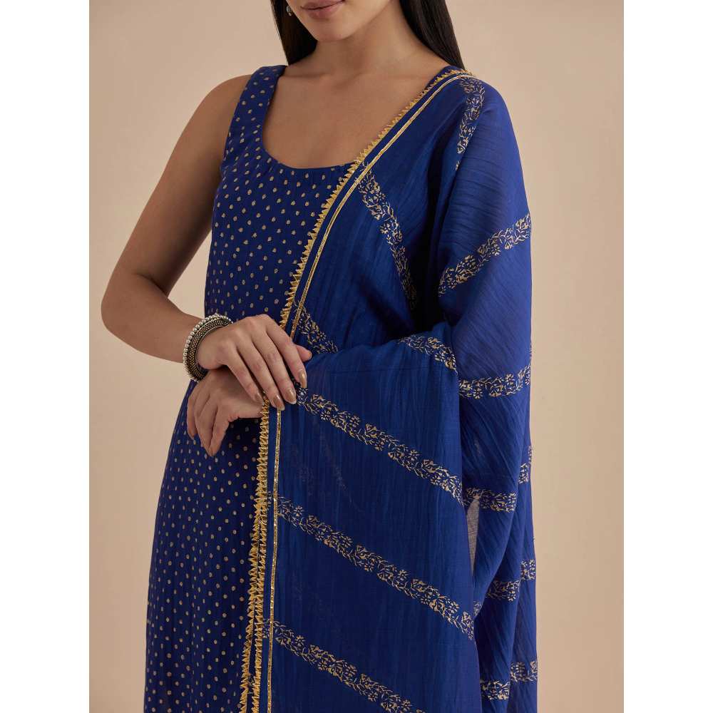 Ikshita Choudhary Blue Printed Chanderi Kurta With Churidar And Dupatta (Set of 3)