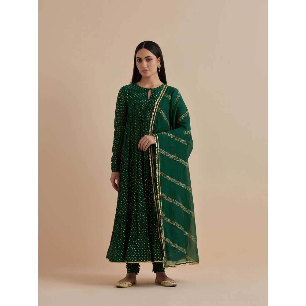 Ikshita Choudhary Green Printed Chanderi Anarkali With Churidar And Dupatta (Set of 3)