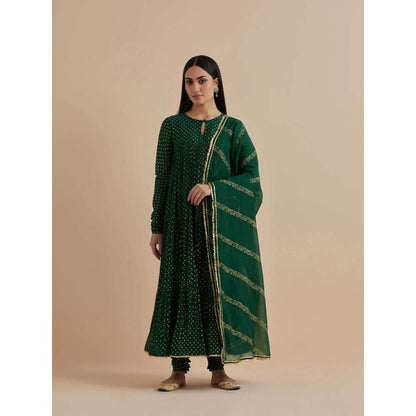 Ikshita Choudhary Green Printed Chanderi Anarkali With Churidar And Dupatta (Set of 3)
