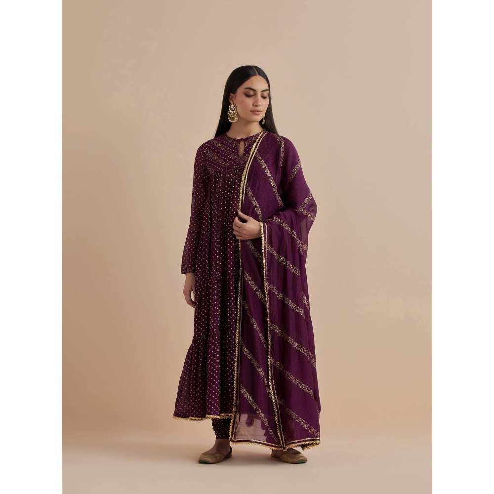 Ikshita Choudhary Purple Printed Chanderi Anarkali With Churidar And Dupatta (Set of 3)
