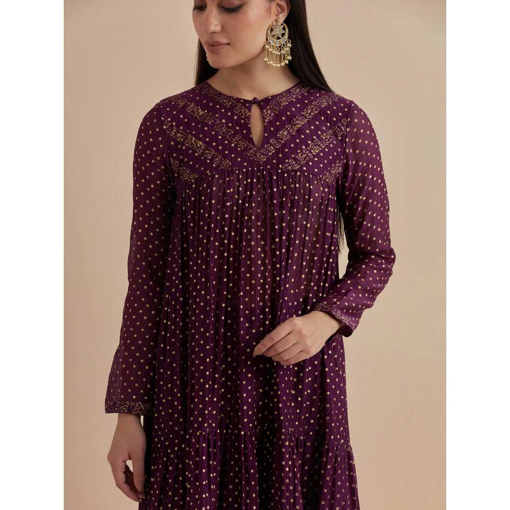 Ikshita Choudhary Purple Printed Chanderi Anarkali With Churidar And Dupatta (Set of 3)