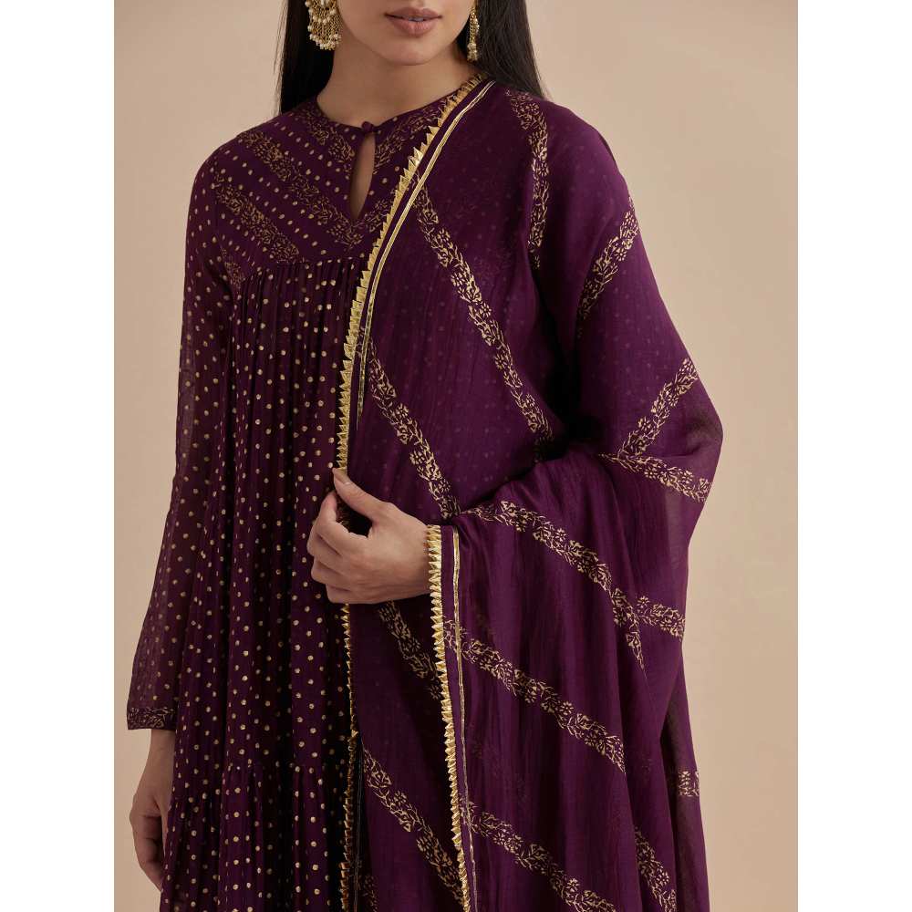 Ikshita Choudhary Purple Printed Chanderi Anarkali With Churidar And Dupatta (Set of 3)