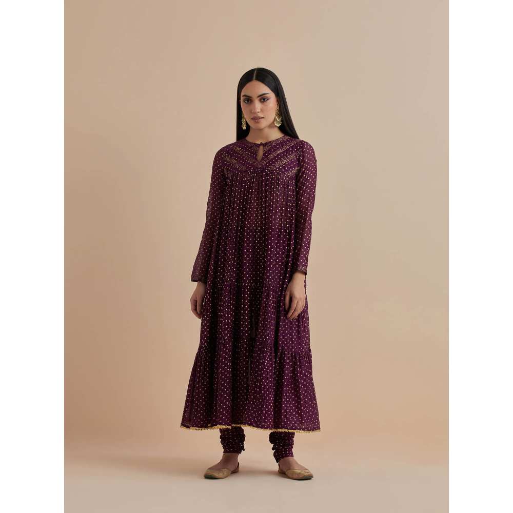 Ikshita Choudhary Purple Printed Chanderi Anarkali With Churidar And Dupatta (Set of 3)