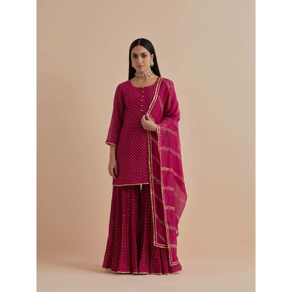 Ikshita Choudhary Magenta Printed Chanderi Kurtis With Gharara And Dupatta (Set of 3)