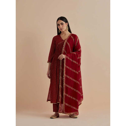 Ikshita Choudhary Red Printed Chanderi Kurta With Pants And Dupatta (Set of 3)