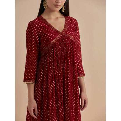 Ikshita Choudhary Red Printed Chanderi Kurta With Pants And Dupatta (Set of 3)
