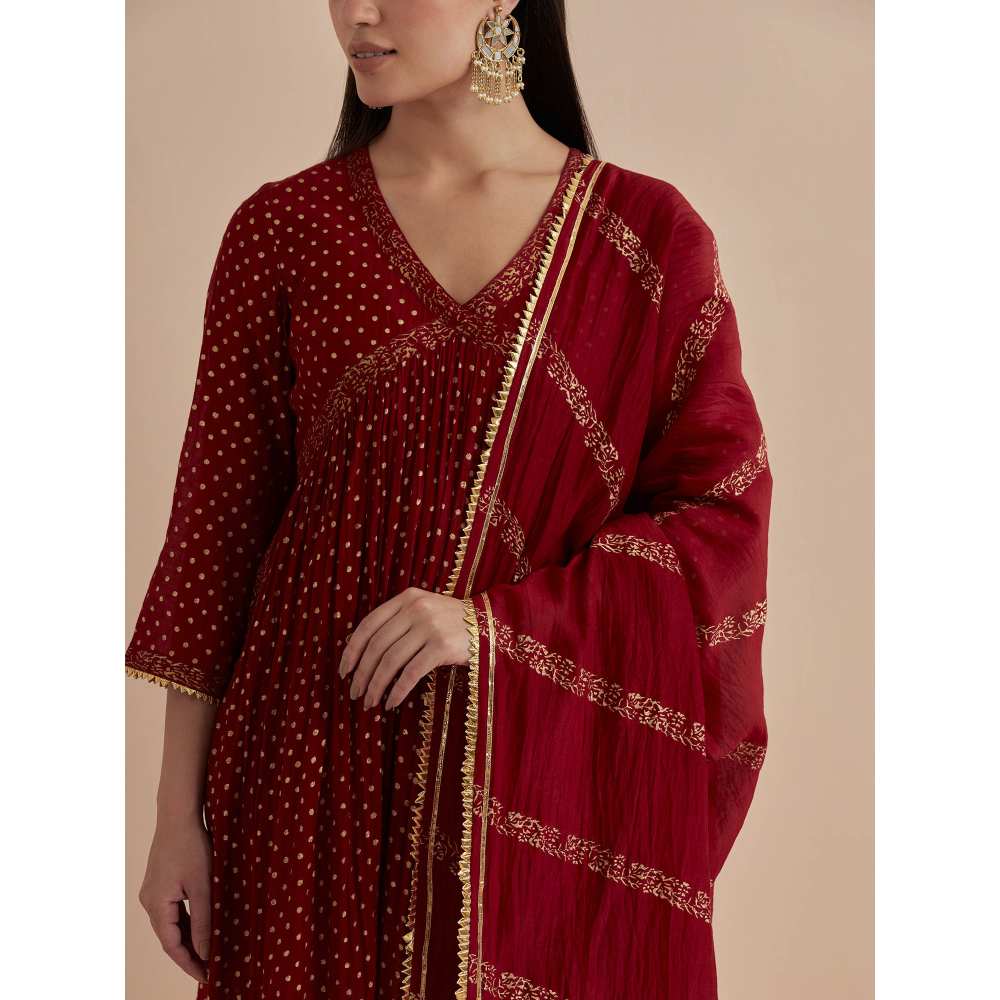 Ikshita Choudhary Red Printed Chanderi Kurta With Pants And Dupatta (Set of 3)