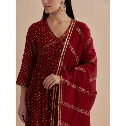 Ikshita Choudhary Red Printed Chanderi Kurta With Pants And Dupatta (Set of 3)
