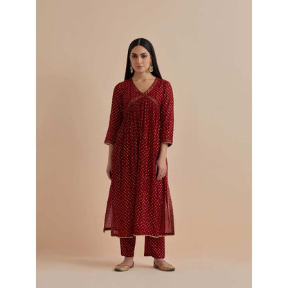 Ikshita Choudhary Red Printed Chanderi Kurta With Pants (Set of 2)