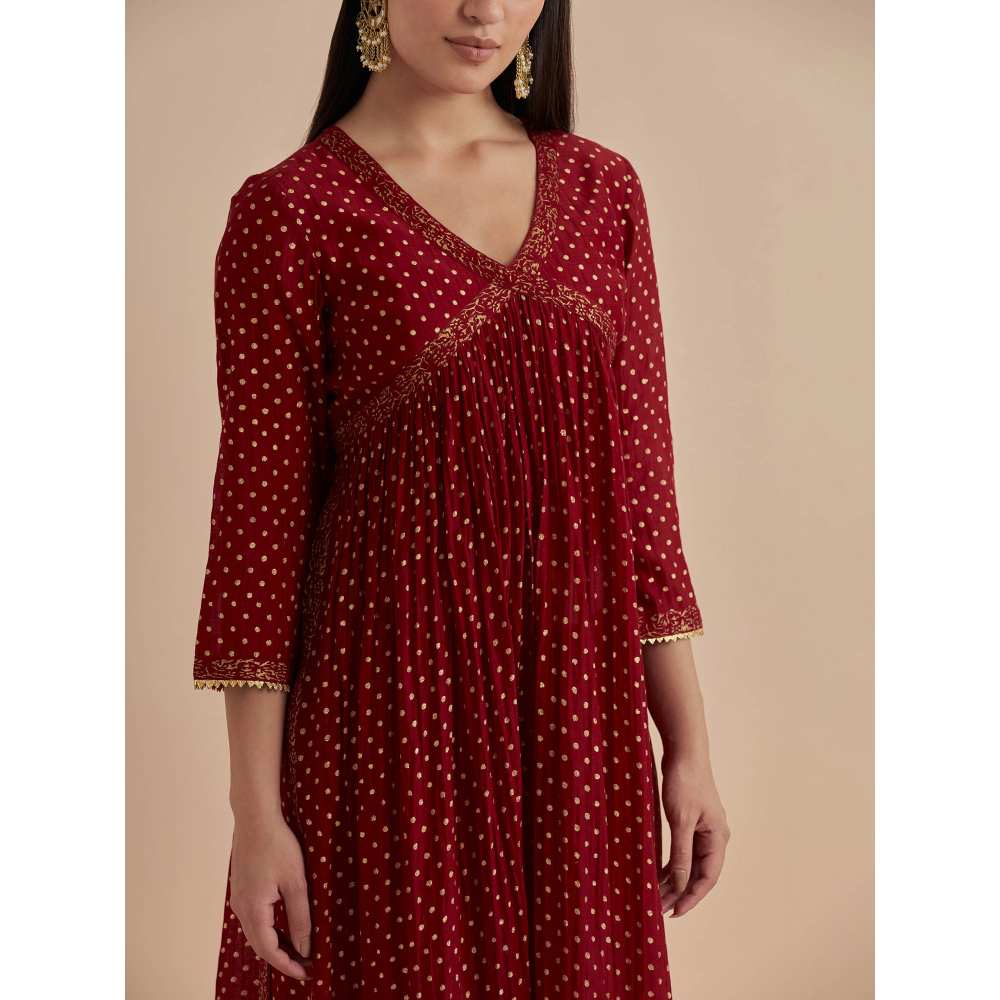 Ikshita Choudhary Red Printed Chanderi Kurta With Pants (Set of 2)