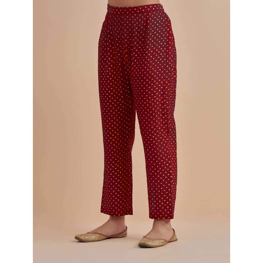Ikshita Choudhary Red Printed Chanderi Kurta With Pants (Set of 2)