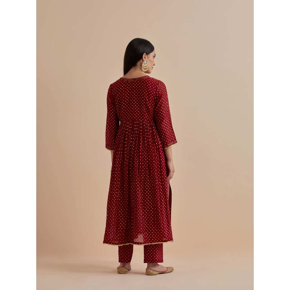 Ikshita Choudhary Red Printed Chanderi Kurta With Pants (Set of 2)