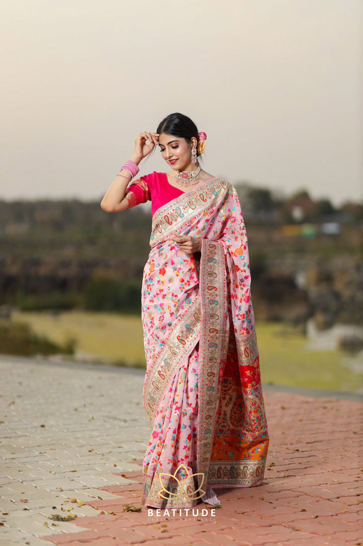 Beatitude Pink Modal Silk Kashmiri Weaving with Unstitched Blouse