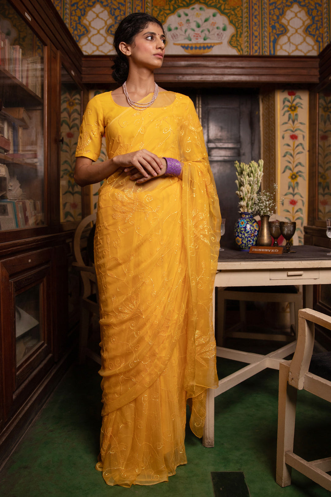 Yellow Handcrafted Sequins Jaal Chiffon Saree - Geroo Jaipur