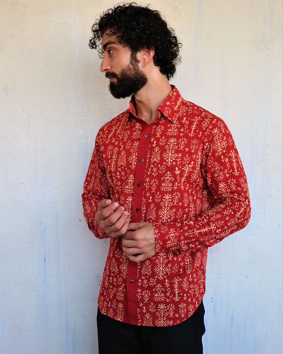 Chidiyaa Brick Red Foliage Block Printed Shirt