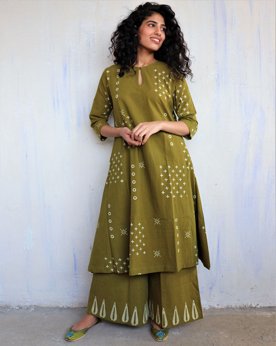 Chidiyaa Olive Cotton Kurta, Palazzo (Set of 2)