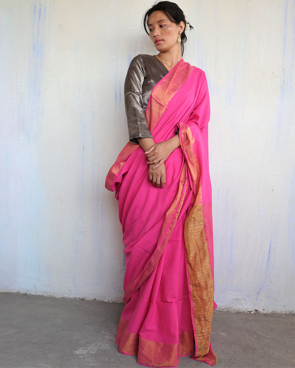 Chidiyaa Pink Handwoven Cotton Zari Saree Sahar with Unstitched Blouse
