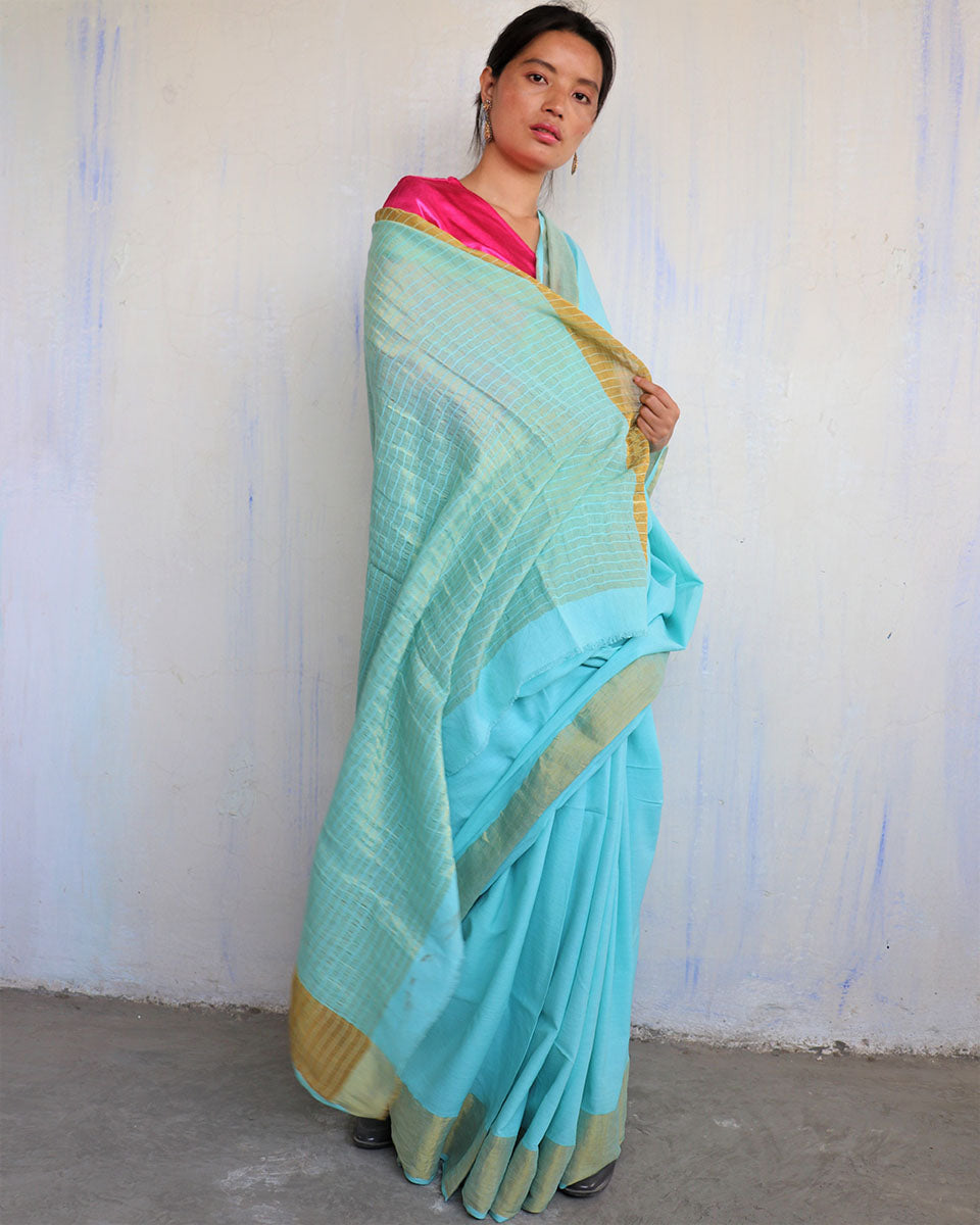 Chidiyaa Light Blue Handwoven Cotton Zari Saree Sahar with Unstitched Blouse